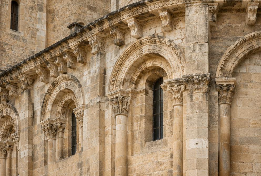 Carved Romanesque arches on a historic European church