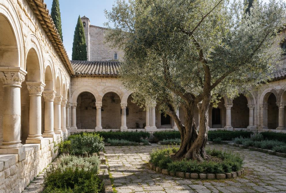 A quiet monastery courtyard centred on an old olive tree