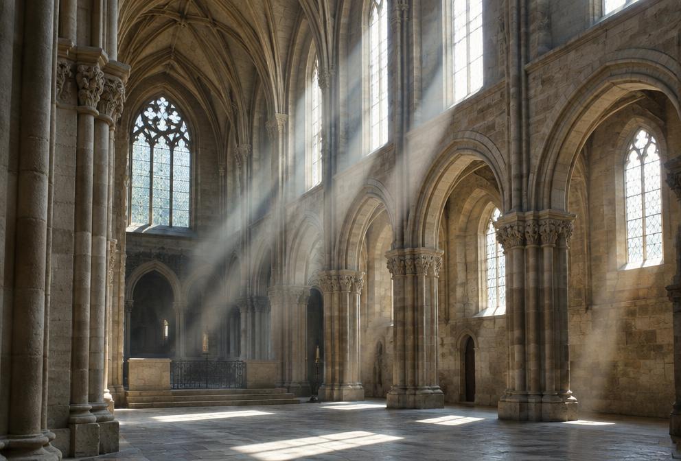 Sunlight entering an ancient stone cathedral