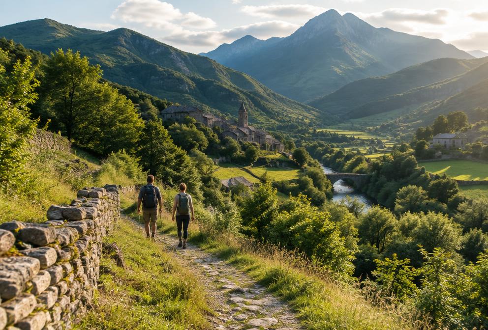 Two walkers following an old path through a green mountain valley
